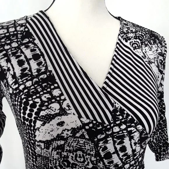 Style & Co Black & White Ruched Sleeve Stretch Top - Picture 8 of 13